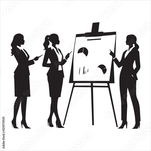 Silhouette illustration of three professional women in business attire engaged in a presentation.
