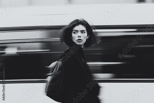 Woman with backpack standing in front of a moving train, motion blur effect