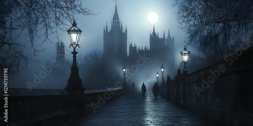 dark eerie gothic city street night architecture castle tower cathedral mist mysterious atmospheric full moon foggy haunted Victorian-era horror Halloween religion church vampire