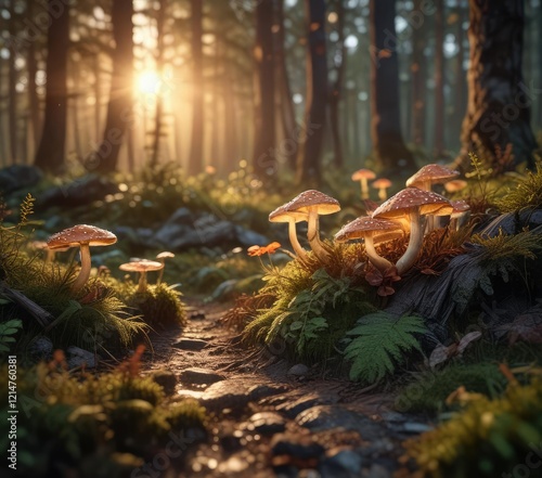 Forest Floor with Glowing Mushrooms and Warm Light, nature, glowing mushrooms, woodland