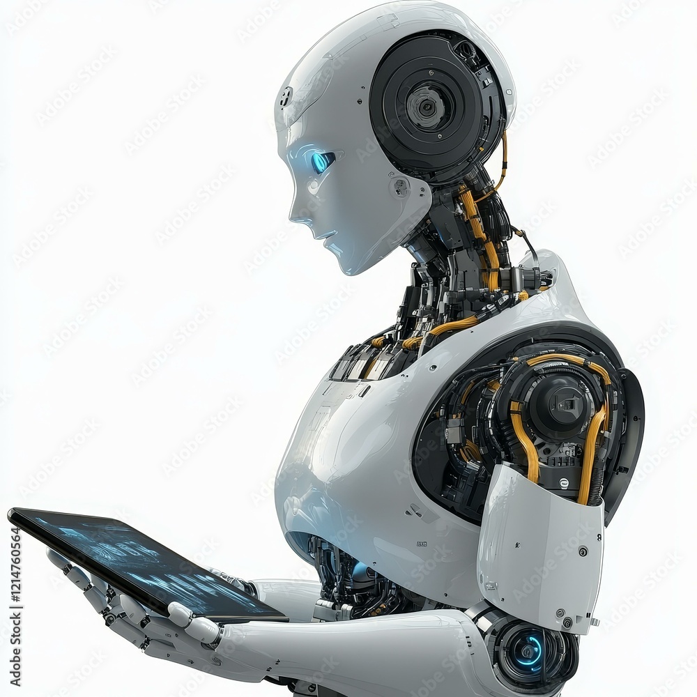 Futuristic White Robot Holding a Tablet Futuristic White Robot Holding a Tablet