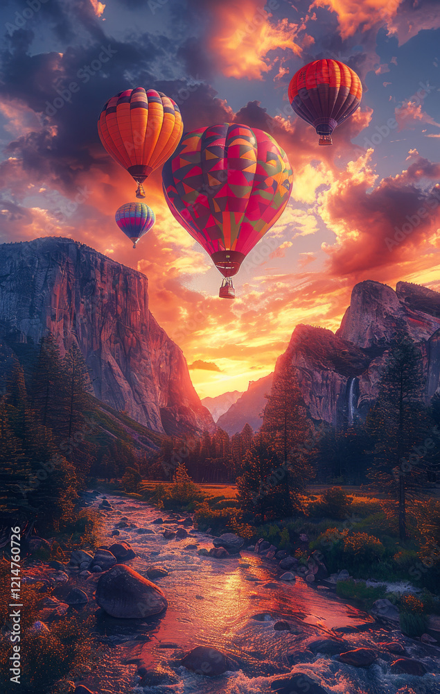Fototapeta premium A beautiful landscape with a river and mountains in the background. The sky is filled with colorful hot air balloons