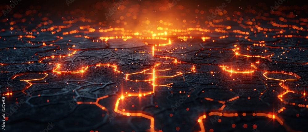 Glowing Lava Veins on Cracked Dark Surface Intense Heat and Energy Glowing Lava Veins on Cracked Dark Surface Intense Heat and Energy