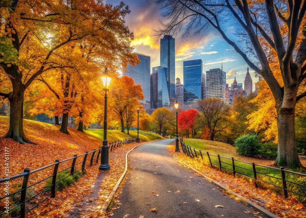 Fototapeta premium Autumn Jogging Path in Manhattan's Central Park: Fall Foliage & Cityscape Views