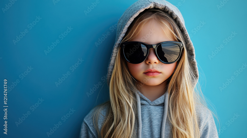 A child with long hair stands in front of a solid blue background, wearing a grey hoodie and oversized sunglasses, exuding confidence and style. A child with long hair stands in front of a solid blue background, wearing a grey hoodie and oversized sunglasses, exuding confidence and style.