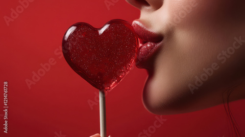 Close up of a woman with red lipstick and a valentine heart lolly
