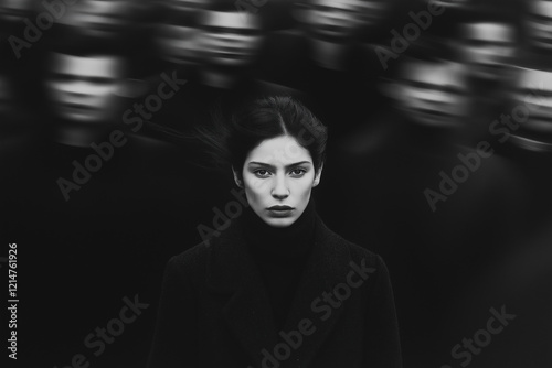 Monochrome portrait of a woman surrounded by blurred faces