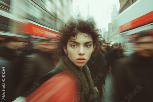 Young woman in a crowded city street with blurred motion