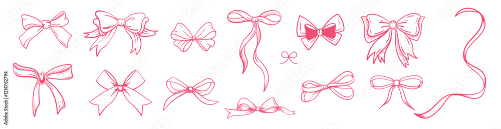 Pink bow with ribbon and lace, cute coquette and girly style. Set of illustrations in sketch style. bows, silk ribbon. Valentine's Day and band Y2K inspired. Pink bow with ribbon and lace, cute coquette and girly style. Set of illustrations in sketch style. bows, silk ribbon. Valentine's Day and band Y2K inspired.