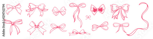 Pink bow with ribbon and lace, cute coquette and girly style. Set of illustrations in sketch style. bows, silk ribbon. Valentine's Day and band Y2K inspired. 