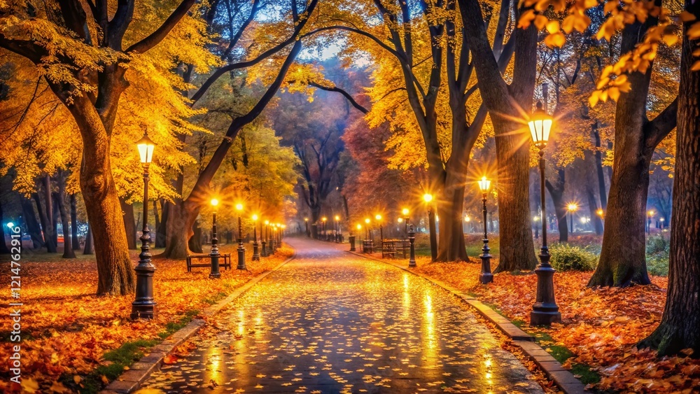 Fototapeta premium Autumn Park Night Photography: Blurred Background, Golden Leaves, Magical Fall Scene
