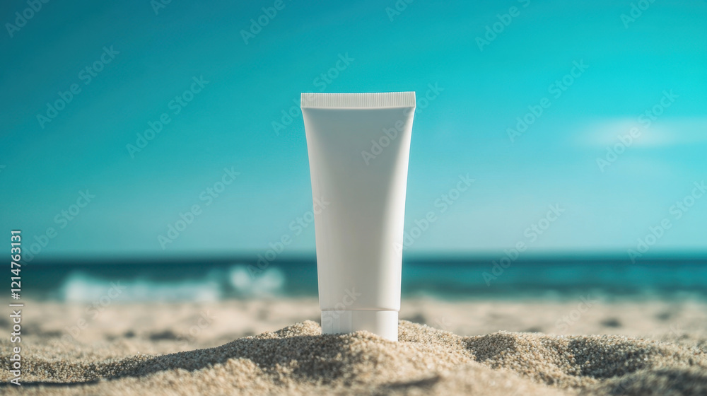 Blank white cosmetic tube on beach background Blank white cosmetic tube on beach background