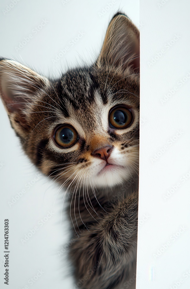 Curious Tabby Kitten Peeking Around Corner with Expressive Big Eyes and Delicate Features in Bright Indoor Environment Curious Tabby Kitten Peeking Around Corner with Expressive Big Eyes and Delicate Features in Bright Indoor Environment