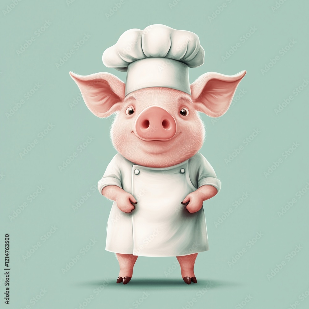 A whimsical scene featuring a pig dressed as a head chef and standing in front of a muted pastel green background with light gradients A whimsical scene featuring a pig dressed as a head chef and standing in front of a muted pastel green background with light gradients