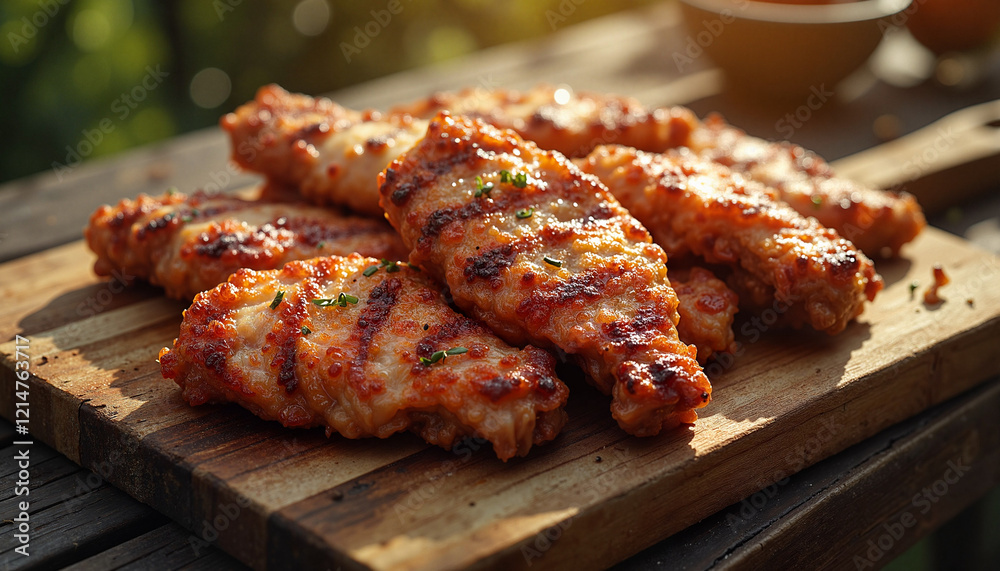 Grilled kyufte served on rustic board in backyard barbecue setting, delicious flavors Grilled kyufte served on rustic board in backyard barbecue setting, delicious flavors