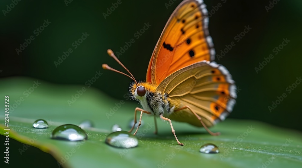 Obraz premium A vibrant orange and black butterfly is perched on a green leaf, its wings partially open. The butterfly is surrounded by water droplets, creating a sense of freshness and dewiness.