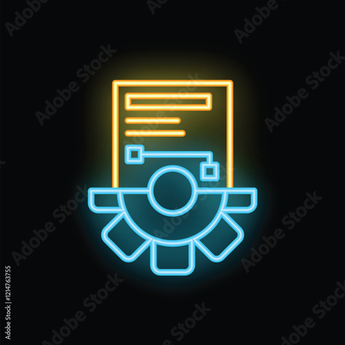 Neon icon of automation software processing data with a gear and document, symbolizing technological advancement