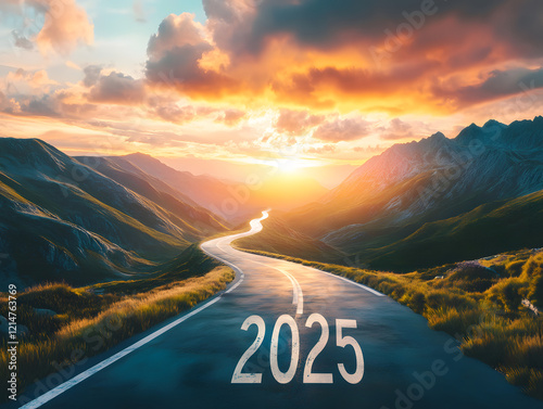 open road mountain landscape mountains clear sky year moving 2024 to 2025 landscape journey passing symbolizing future concept migrate pass celebration new year eve holiday festive festival sunrise