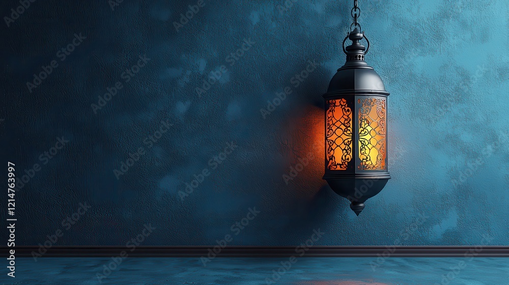 Glowing Metal Lantern Hanging on a Textured Blue Wall Glowing Metal Lantern Hanging on a Textured Blue Wall