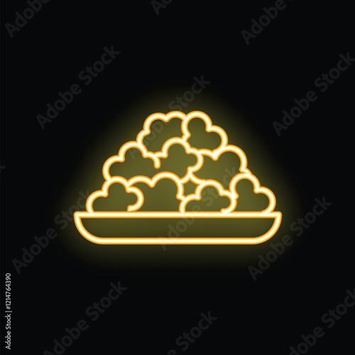 Glowing yellow neon illustration of a bowl overflowing with popcorn against a black background