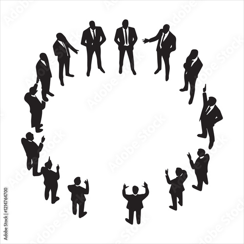 A top-down view of a group of business professionals in silhouette, standing in a circle, likely in a meeting or presentation setting.