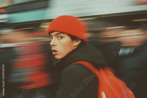 Person in Motion with Red Beanie and Backpack