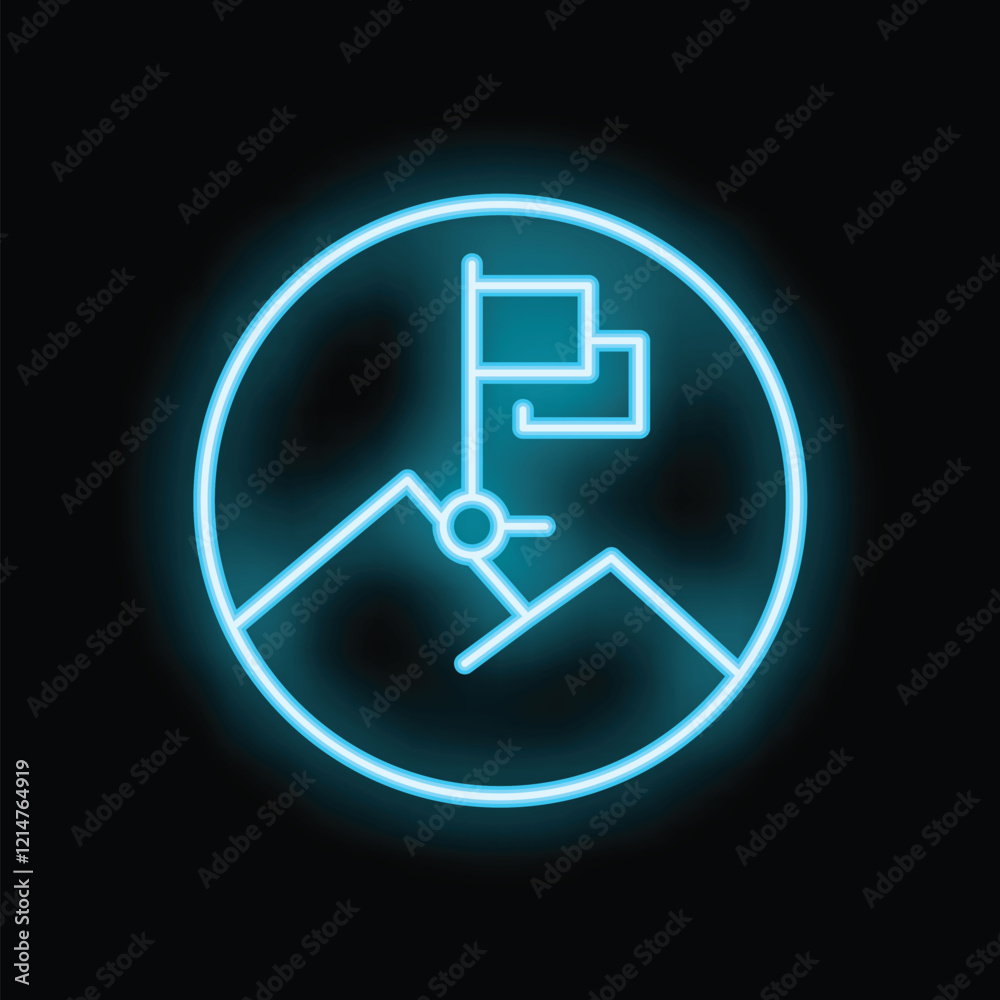 Blue neon icon of flag on mountain top representing achievement and success glowing on black background Blue neon icon of flag on mountain top representing achievement and success glowing on black background