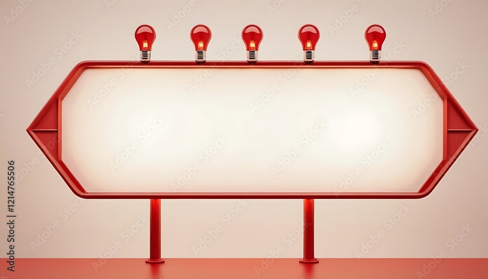 Obraz premium red marque arrow sign with blank space and light bulbs,concepts, cut out, direction, guidance, horizontal, ideas, leadership, photography, color image, copy space, studio shot,15