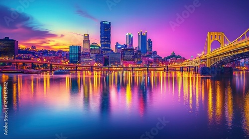 Vibrant City Skyline at Dusk with Lights Reflecting on Water