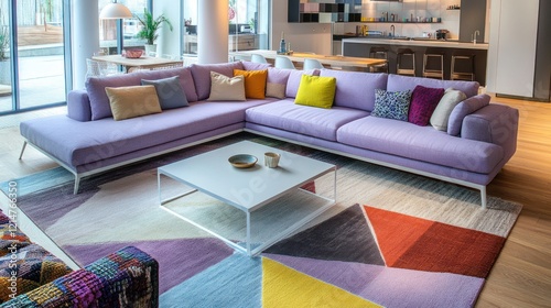 Modern purple sectional sofa in stylish apartment living room with colorful rug photo