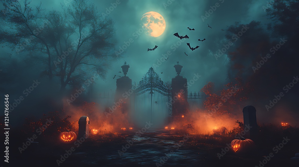 Spooky Halloween gate, graveyard, moonlit forest, pumpkins Spooky Halloween gate, graveyard, moonlit forest, pumpkins