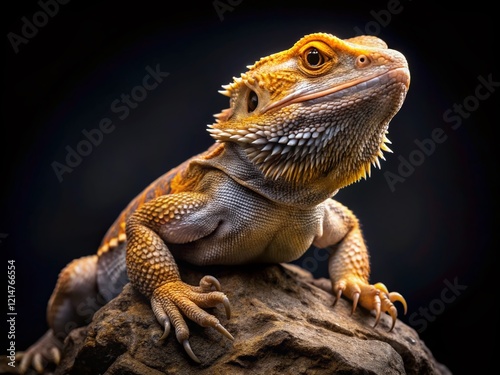 Bearded Dragon Lizard on Black Rock:  Reptile Pet Photography Stock Image photo