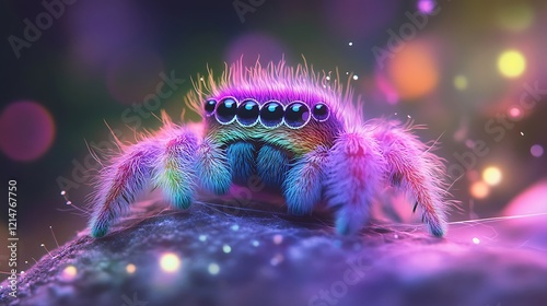 Adorable spider with fluffy textures glowing in rainbow hues sitting on a tiny web strand