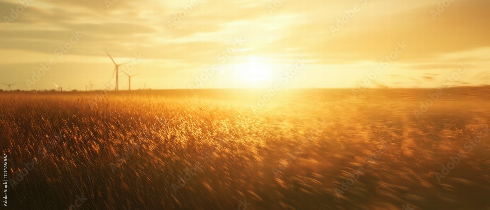Obraz premium Serene Golden Hour Over Wind Turbines in a Sprawling Field