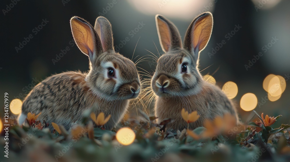 Charming rabbits frolicking in vibrant wildflower fields at twilight, surrounded by gently glowing fairy lights for an otherworldly feel. Charming rabbits frolicking in vibrant wildflower fields at twilight, surrounded by gently glowing fairy lights for an otherworldly feel.