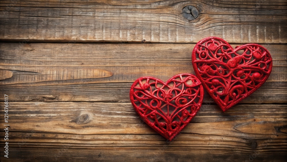 A close-up of two red hearts with intricate details on a wooden background, surrounded by subtle texture and warmth , Love A close-up of two red hearts with intricate details on a wooden background, surrounded by subtle texture and warmth , Love