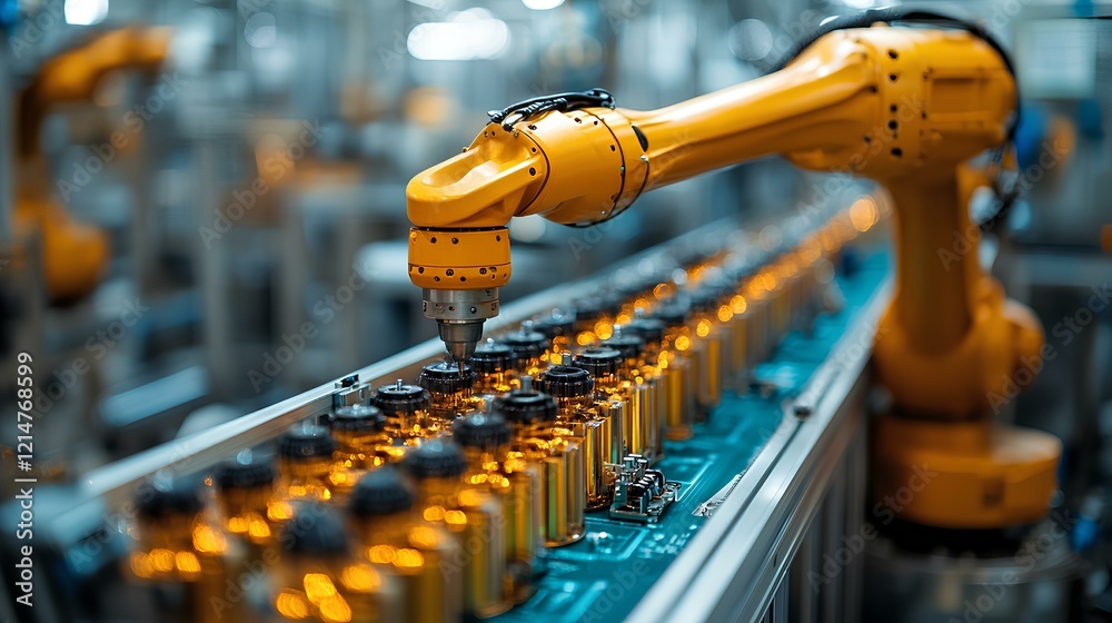 A robotic arm assembling electronics in an advanced manufacturing facility A robotic arm assembling electronics in an advanced manufacturing facility