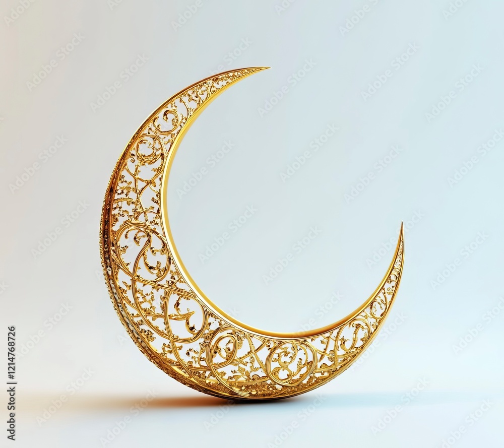 3D rendering of a golden crescent moon with an Islamic pattern in the middle, a Ramadan concept background for product display, presentation mockup design template, and copy space banner. 3D rendering of a golden crescent moon with an Islamic pattern in the middle, a Ramadan concept background for product display, presentation mockup design template, and copy space banner.