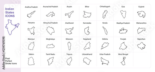Indian States icons set single stroke vector collection color changeable pixel perfect icons