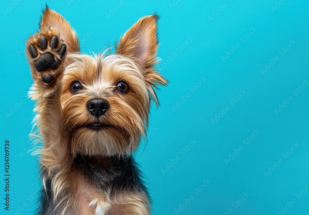 Cute Yorkshire Terrier Raising Paw Against a Solid Turquoise Background Demonstrating Playfulness and Curiosity Ideal for Pet-Themed Projects and Marketing Materials Cute Yorkshire Terrier Raising Paw Against a Solid Turquoise Background Demonstrating Playfulness and Curiosity Ideal for Pet-Themed Projects and Marketing Materials