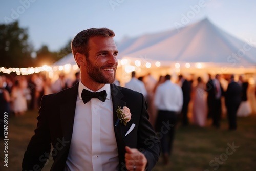 A well-dressed groom, wearing a tuxedo and a floral boutonniere, smiles warmly in an outdoor wedding setting illuminated by strings of lights, exuding charm and happiness.