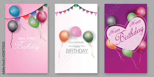 Happy birthday greeting poster set template. Birthday invitation card vector illustration design background