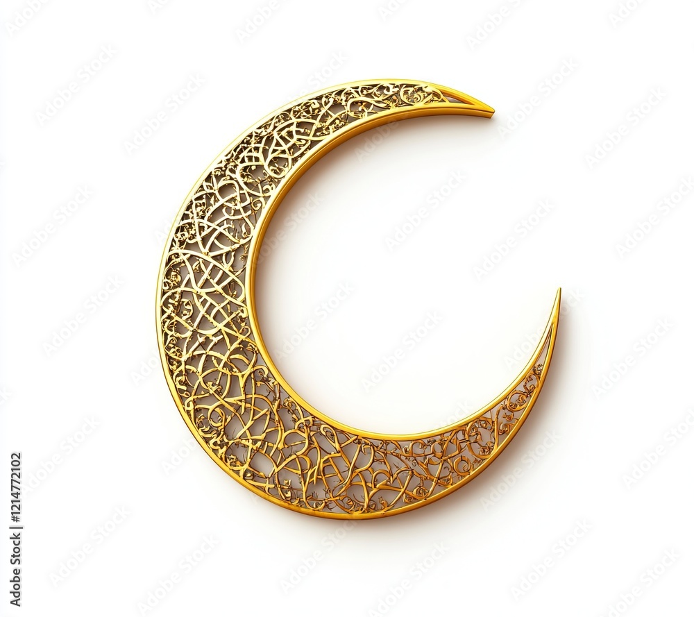 3D rendering of a golden crescent with an Arabic pattern, isolated on a white background. Ramadan concept, with copy space. Stock photo 3D rendering of a golden crescent with an Arabic pattern, isolated on a white background. Ramadan concept, with copy space. Stock photo