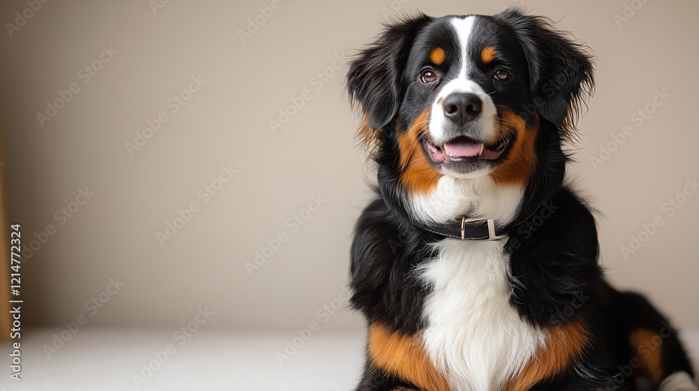 Bernese Mountain Dog sits calmly on light background. Dog fluffy coat, friendly expression. Image suitable for pet lovers animal theme products. Dog wears collar. Studio shot ideal for pet food Bernese Mountain Dog sits calmly on light background. Dog fluffy coat, friendly expression. Image suitable for pet lovers animal theme products. Dog wears collar. Studio shot ideal for pet food