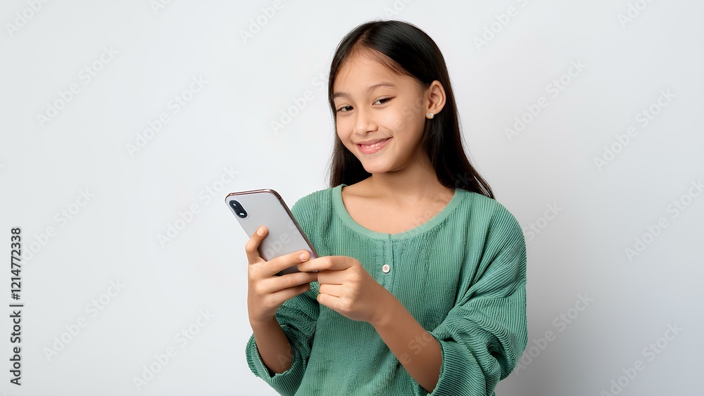 A joyful girl is seen using her mobile phone with a bright smile on her face, radiating happiness and excitement. This image captures the essence of modern connectivity and youthful joy in a simple, c A joyful girl is seen using her mobile phone with a bright smile on her face, radiating happiness and excitement. This image captures the essence of modern connectivity and youthful joy in a simple, c