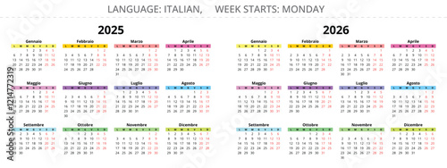 2025 and 2026 italian color calendars. Vector illustration year for Italy