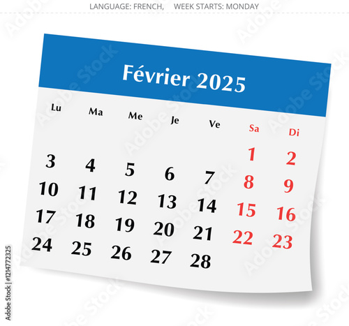 French calendar for february 2025. Vector illustration of a winter month paper page France