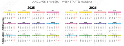 2025, 2026 spanish year color calendars. Vector illustration for Spain