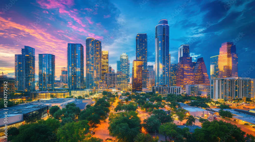 Obraz premium vibrant city skyline at dusk, illuminated by colorful lights, showcasing modern skyscrapers and lush greenery below. scene evokes sense of energy and urban beauty