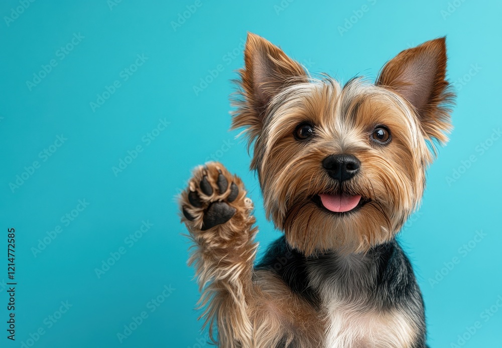 Friendly Yorkshire Terrier Dog with Outstretched Paw Against a Bright Blue Background, Perfect for Pet Lovers and Animal Enthusiasts Seeking Cheerful Imagery